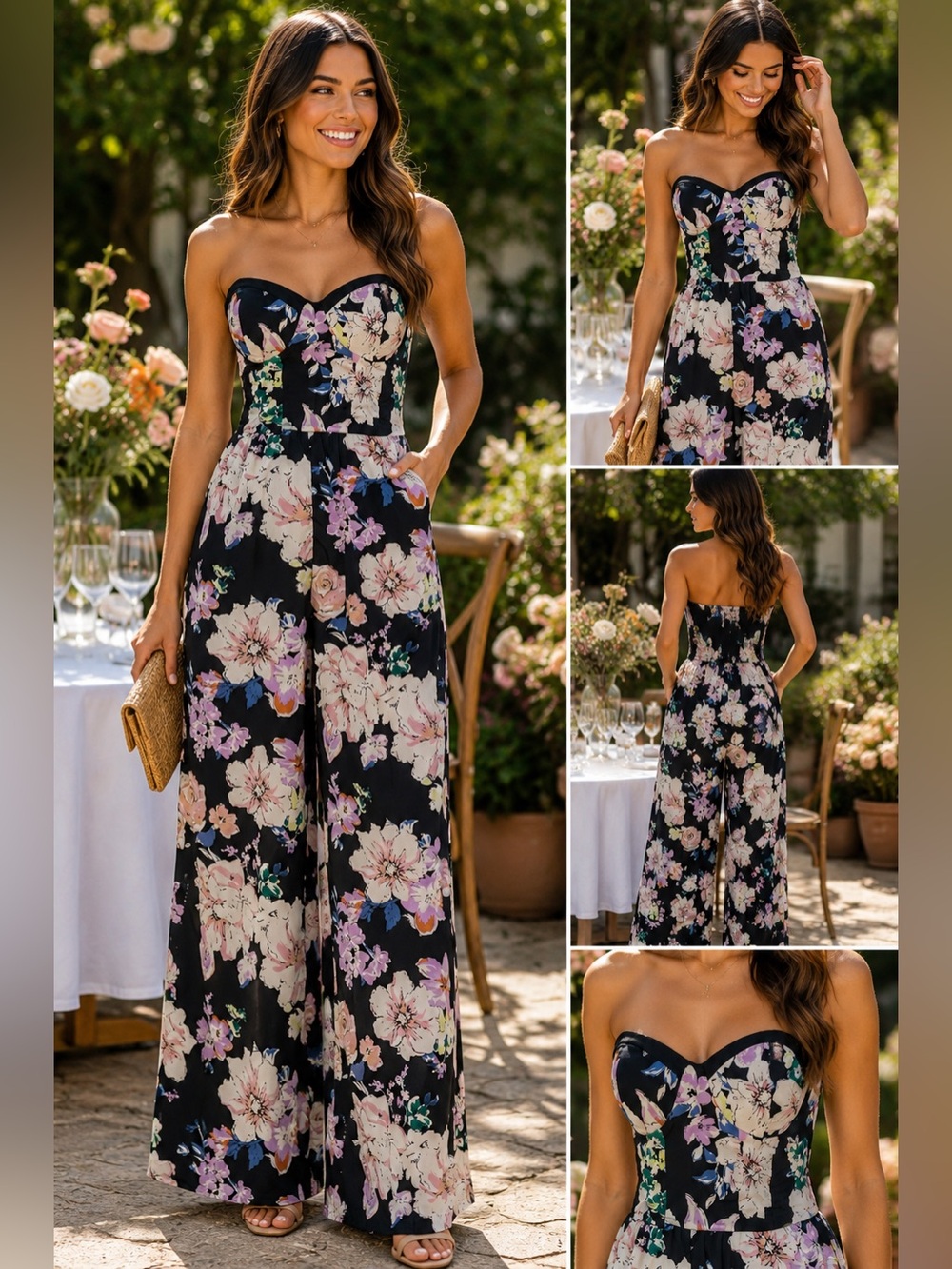 Band of Gypsies Floral Strapless Wide Leg Jumpsuit Boho Garden Party S Romantic
